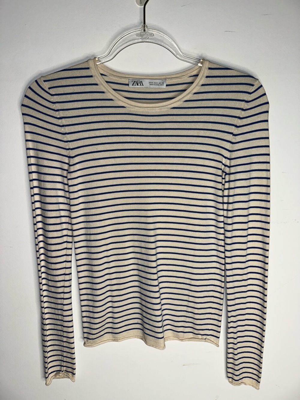 Zara Cream and Blue Striped Crewneck Long Sleeve Sweater